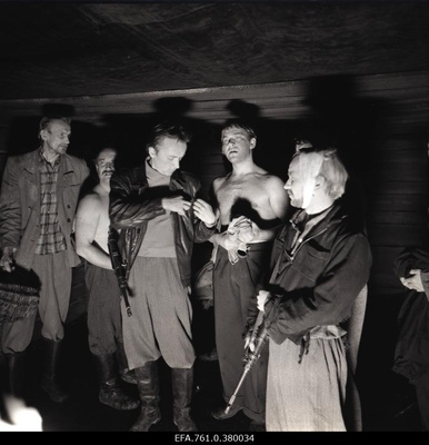 A scene from the film "Metscanners". On the left in the role of Enn Klooren, Sander in the role of Sulev Luik, Reinu in the role of Tõnu Kark, Harri Paate in the role of "Man of the Sander Group"  similar photo
