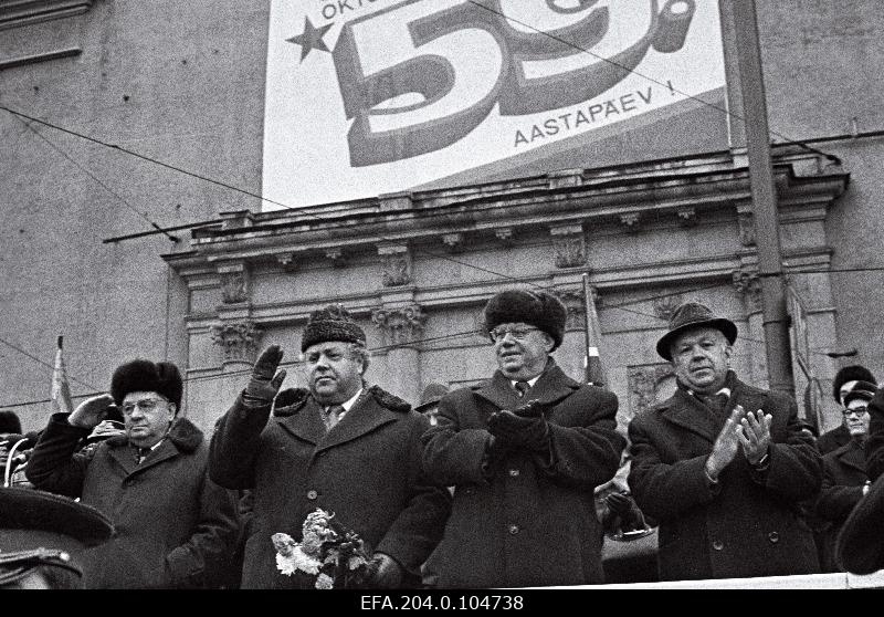 The leaders of the Republic's Party and Government welcome the demonstration of the 59th anniversary of the Great Socialist Revolution of October. From the left: First Secretary of the Central Committee of the ECB, J.Käbin, Chairman of the Presidium of the Supreme Council of the ENSV, A.Vader, second Secretary of the Central Committee of the ECB, K.Lebedev, Secretary of the Central Committee of the ECB, K.Vaino, first Deputy Chairman of the Council of Ministers of the ENSV, E.Tõnurist.