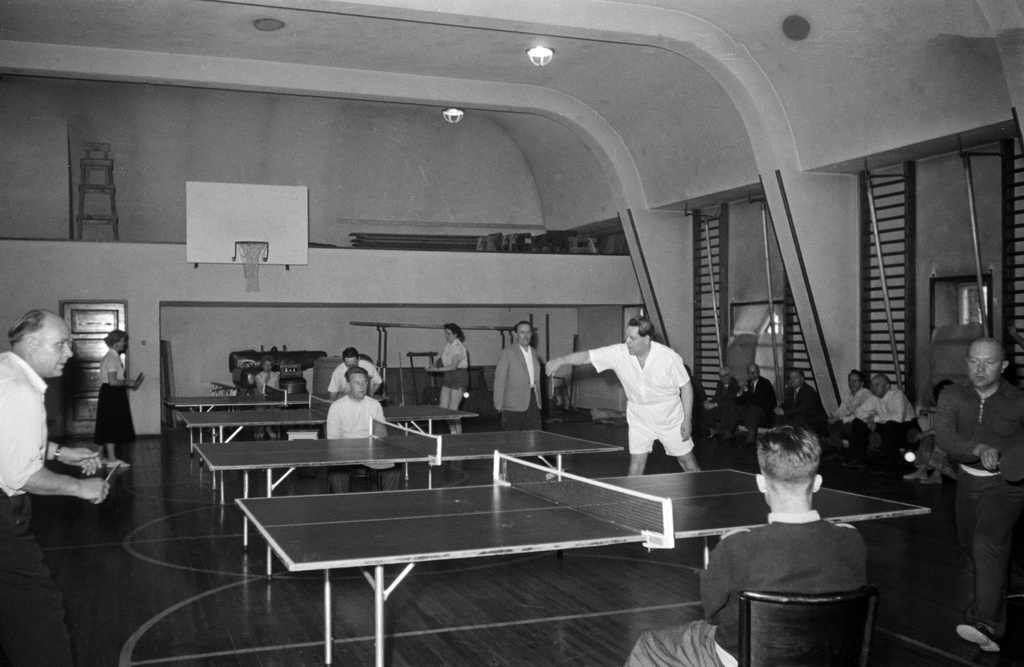 Elannon Iskun pöytätennisjaos. Pöytätenniksen eli pingiksen peluuta Iskun voimistelusalissa.