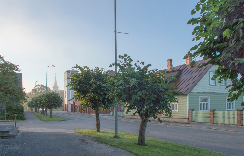 foto, Viljandimaa, Suure-Jaani, Pärnu tn, tuletõrjemaja torn, poed, u 1920 rephoto