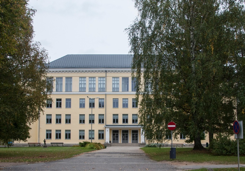 Outdoor view of the new secondary school building. rephoto