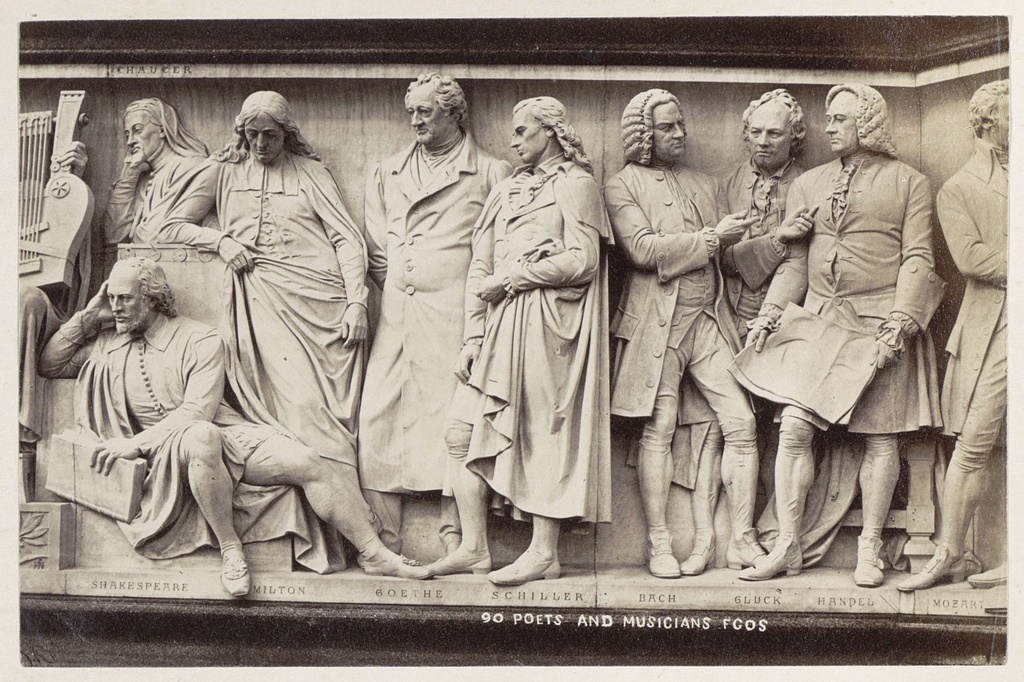 Deel van het Parnassus-fries aan de voet van het Albert Memorial in Londen: dichters en musici, poets and musicians