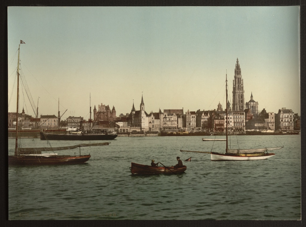 Antwerp across the Scheldt, photochrom (unedited original) - Antwerp seen across the river Scheldt, Belgium (ca. 1890-1900)