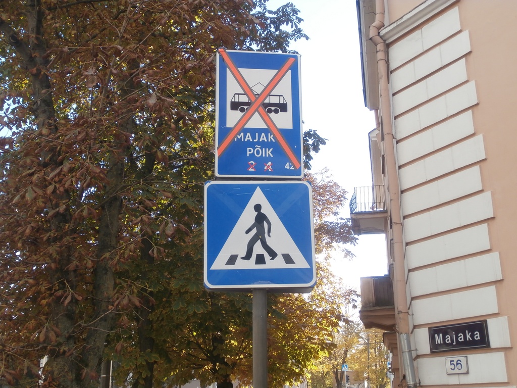 Road Signs No Majaka Põik Tram Stop and Pedestrian Crossing in Tallinn 19 October 2015