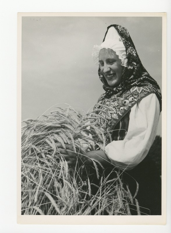 Ruhnu rahvarõivais nooruk viljapõllul, 1939