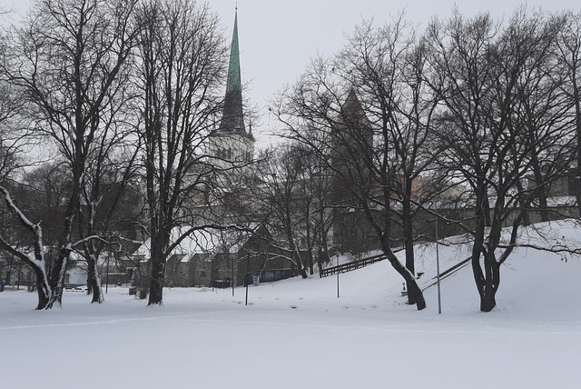 Winter view of the Oleviste Church and Stolting Tower rephoto