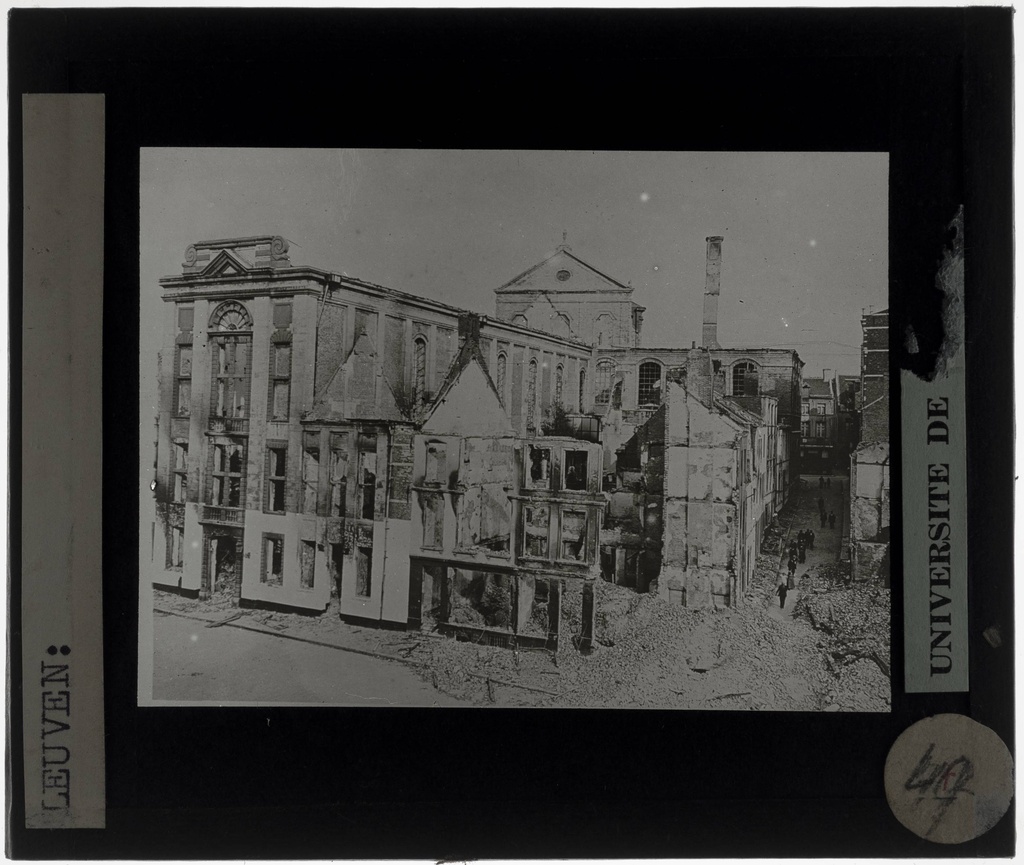 Leuven. University Chief Verwoesting tijdens where I, gezien vanuit Naamsestraat