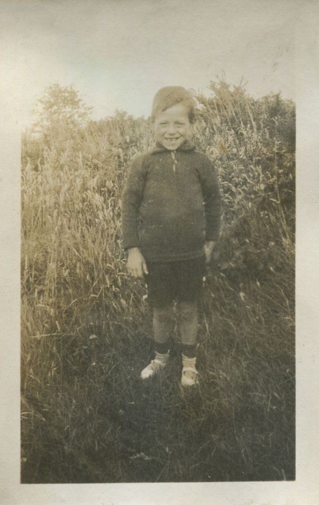 Young boy grinning, standing on the grass