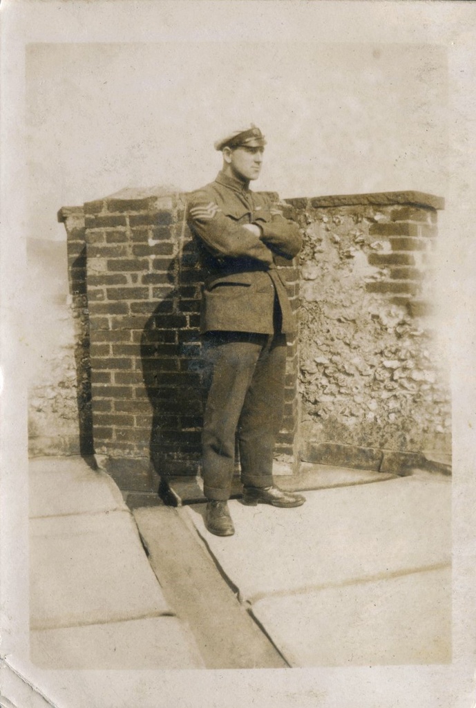 Sgt G Simmonds, standing in front of a wall, Lewes Castle, 1919