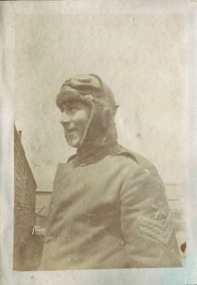 Sgt Hogan, close up of Sgt Hogan in flying gear, RAF Beaulieu, 1918  duplicate photo