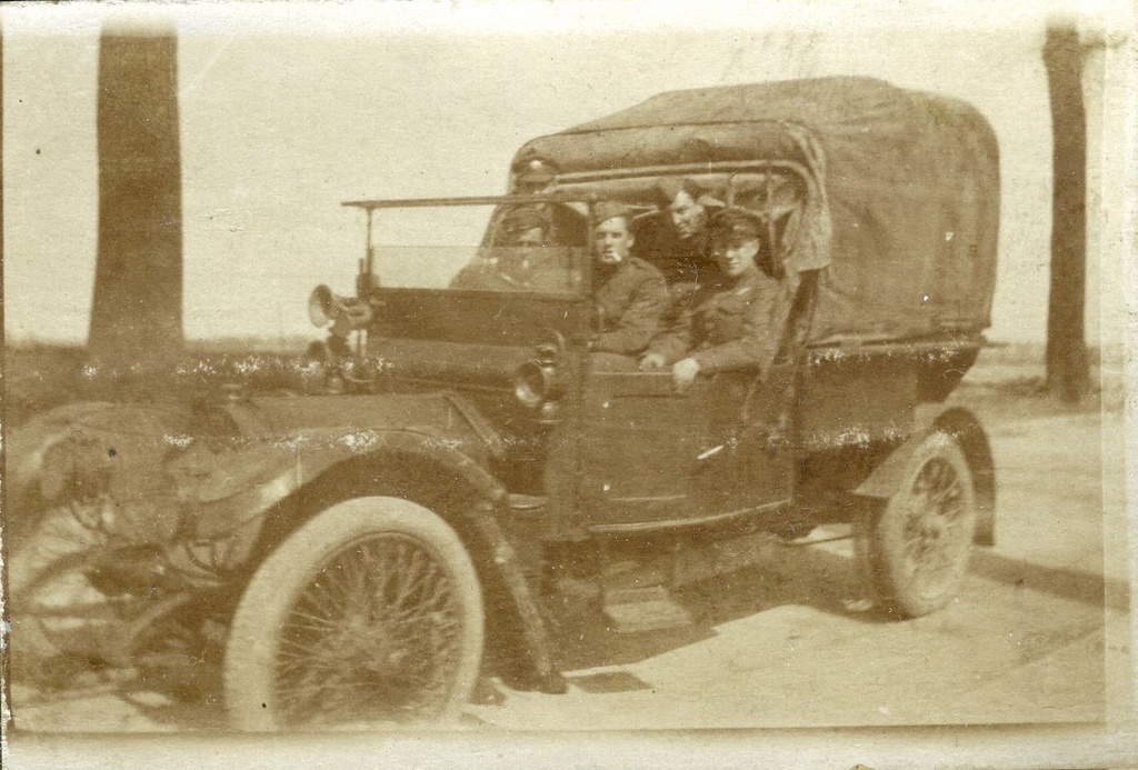 Four First World War soldiers in a car