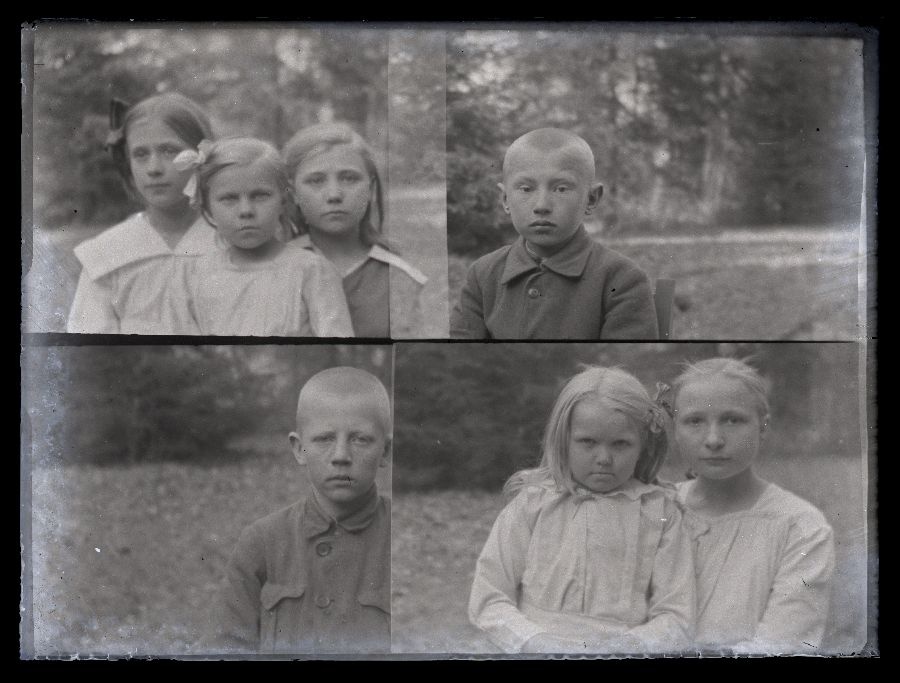 Neli säritust ühel negatiivil, pildid lastest, suvi, eksterjöör.