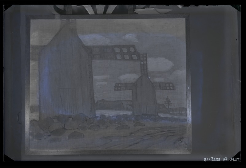K. Veeber (?), Saaremaa maastik kahe tuulikuga, õlimaal 1920-ndatest aastatest.