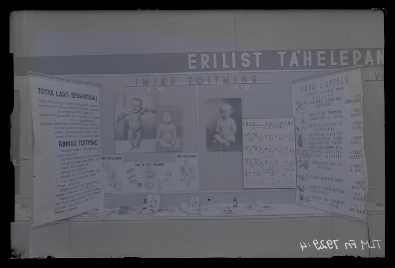 Stend näitusest "Erilist tähelepanu laste toitlustamisele". Lõik "Imiku toitmine".