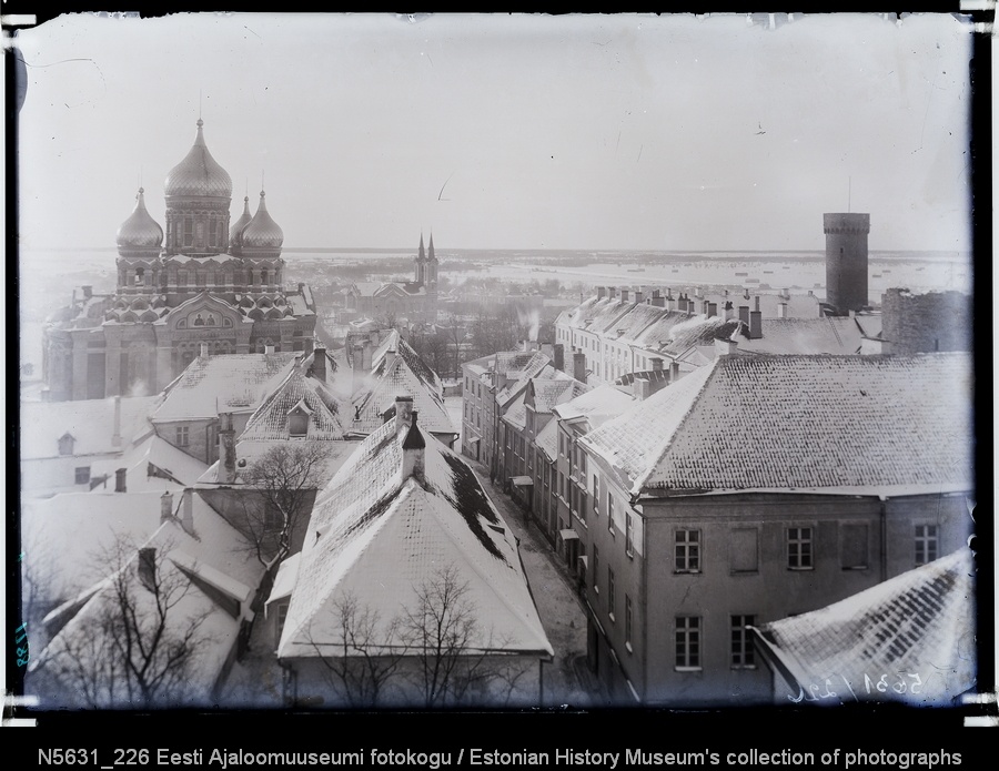 Üldvaade talvise Toompea katustele Toomkooli tänava kohal katedraali ja Kaarli kiriku suunas.