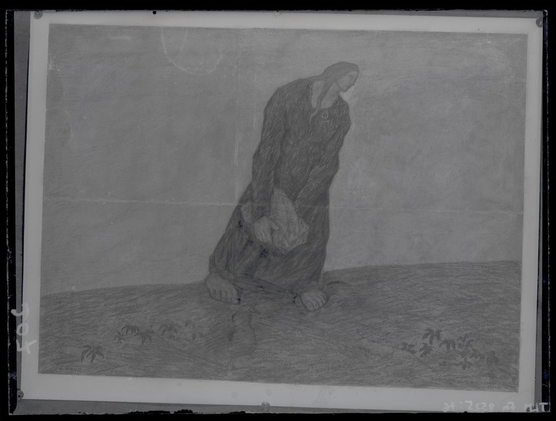 K. Raud "Linda kive kandmas Kalevi kalmule", pliiatsijoonistus umbes 1935. aastast.