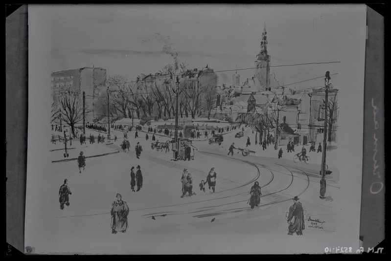 H. Orumaa "Viru väljak", koloreeritud sulejoonistus 1943. aastast.