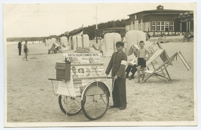 Tallinn, Pirita sea beach, the newsletter sold at the front of the newspaper with a row of newspapers, the back of the beach building.  duplicate photo