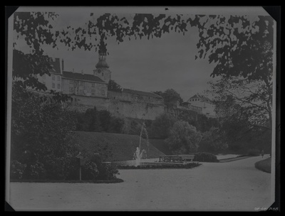 Vaade Toompea nõlvale vanade majadega, pildistatud vallikraavi juurest.  duplicate photo