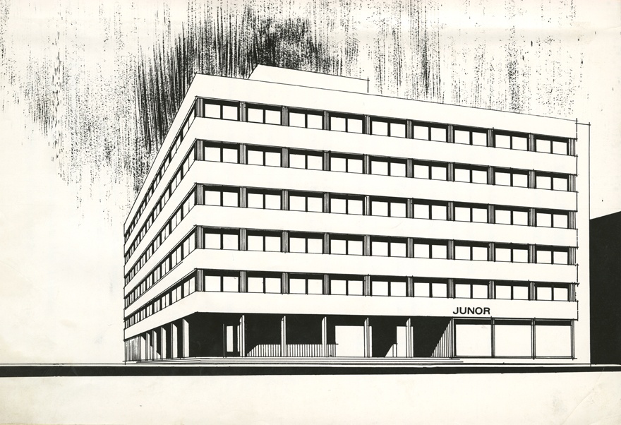 Elamu Tallinnas Raua 55/57. Arhitektid Toivo Kallas ja Raine Karp. Projekt 1969. Perspektiivvaade (repro)