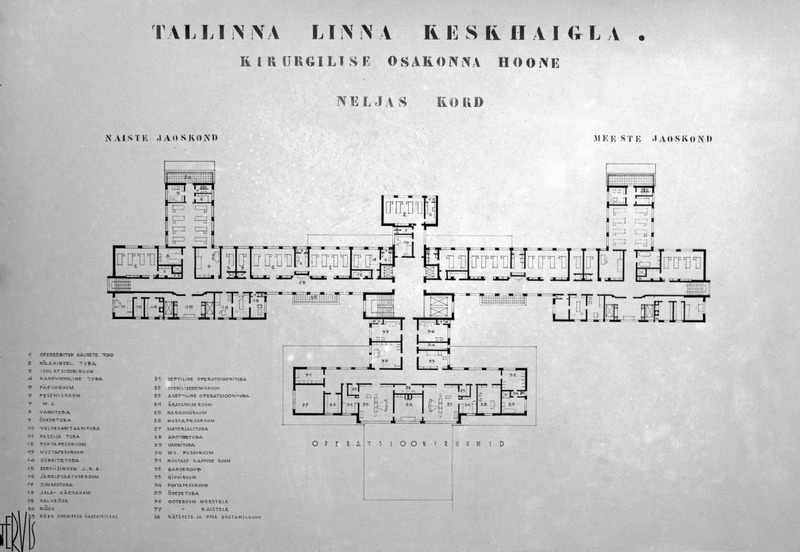 Tallinna linna keskhaigla võistlustöö "Tervis", kirurgilise osakonna hoone, IV korruse plaan, projektifoto. Arhitekt Paula Delacherie-Ilves