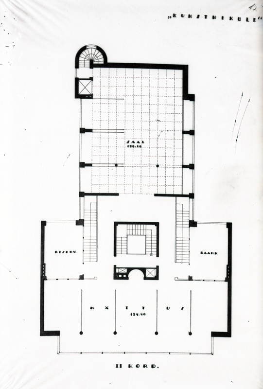 Tallinna Kunstihoone võistlustöö märgusõnaga "KUNSTNIKULE" - ostupreemia, projektifoto, II korruse plaan. Arhitekt Erich Jacoby