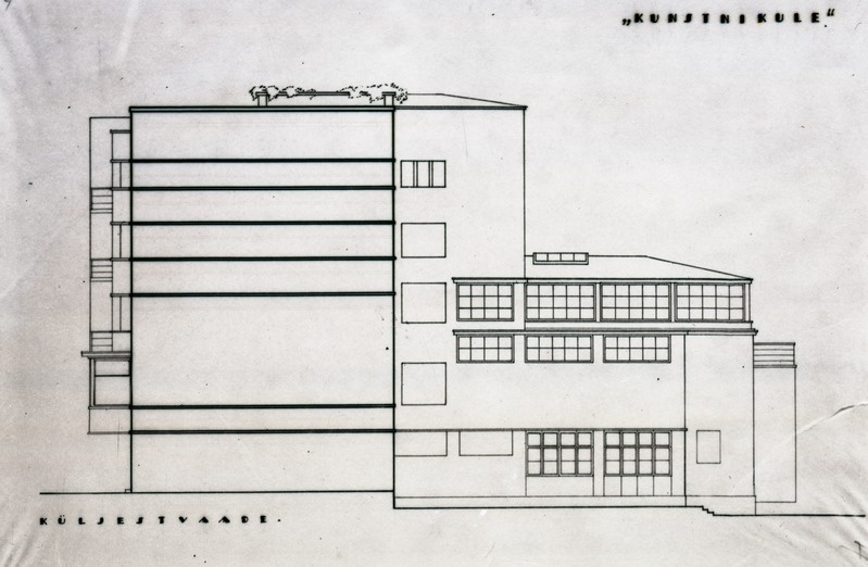 Tallinna Kunstihoone võistlustöö märgusõnaga "KUNSTNIKULE" - ostupreemia, projektifoto, külgvaade. Arhitekt Erich Jacoby
