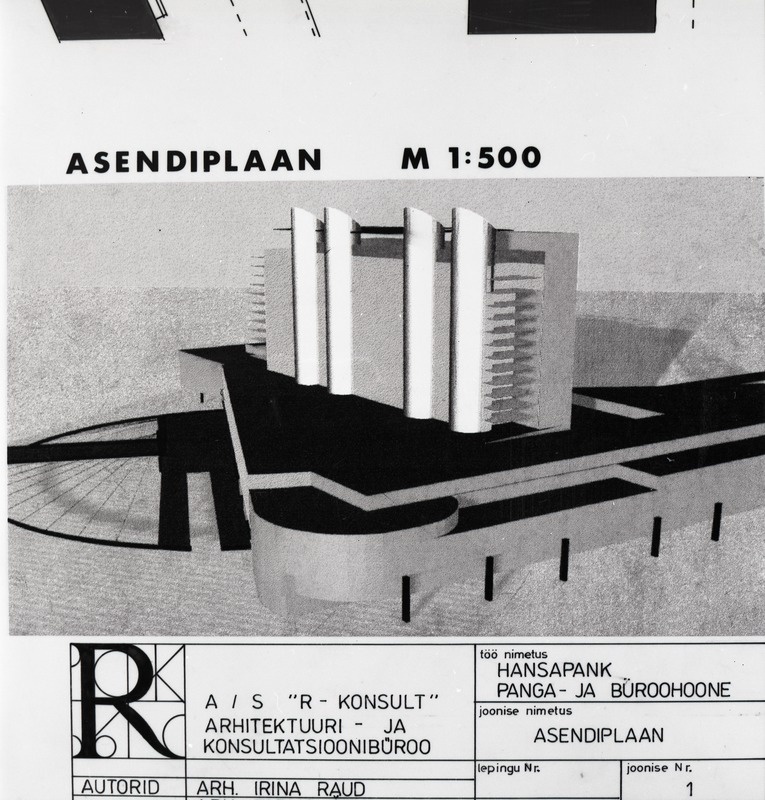Hansapanga büroo- ja pangahoone võistlustöö; aksonomeetria, vaade, projektifoto. Arhitektid Irina Raud, Tarmo Õkva, Meelis Nurm ja Marju Nurm