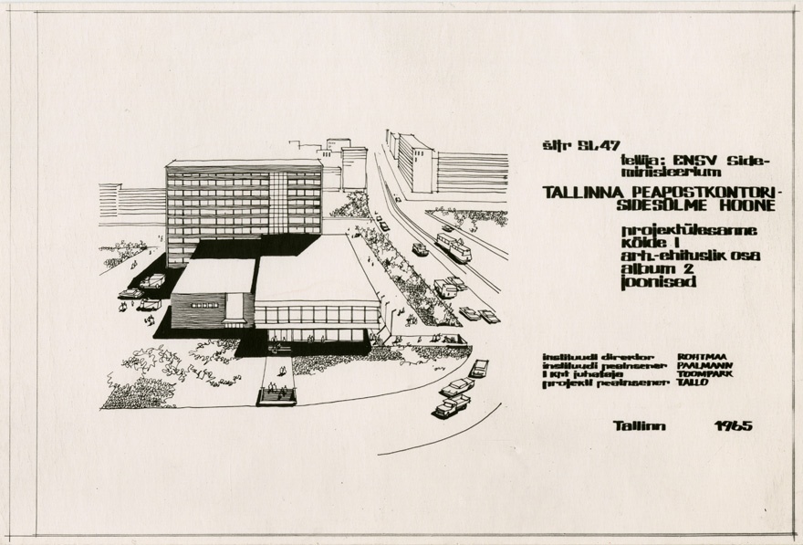 Tallinna peapostkontori projektifotod, perspektiivvaade, korruste plaanid. Arhitektid Mart Port, Agnes Vulp