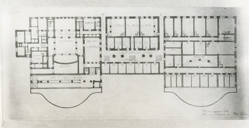 Teater Estonia projektifoto, keldrikorruse põhiplaan. Arhitektid Armas Lindgren, Wivian Lönn