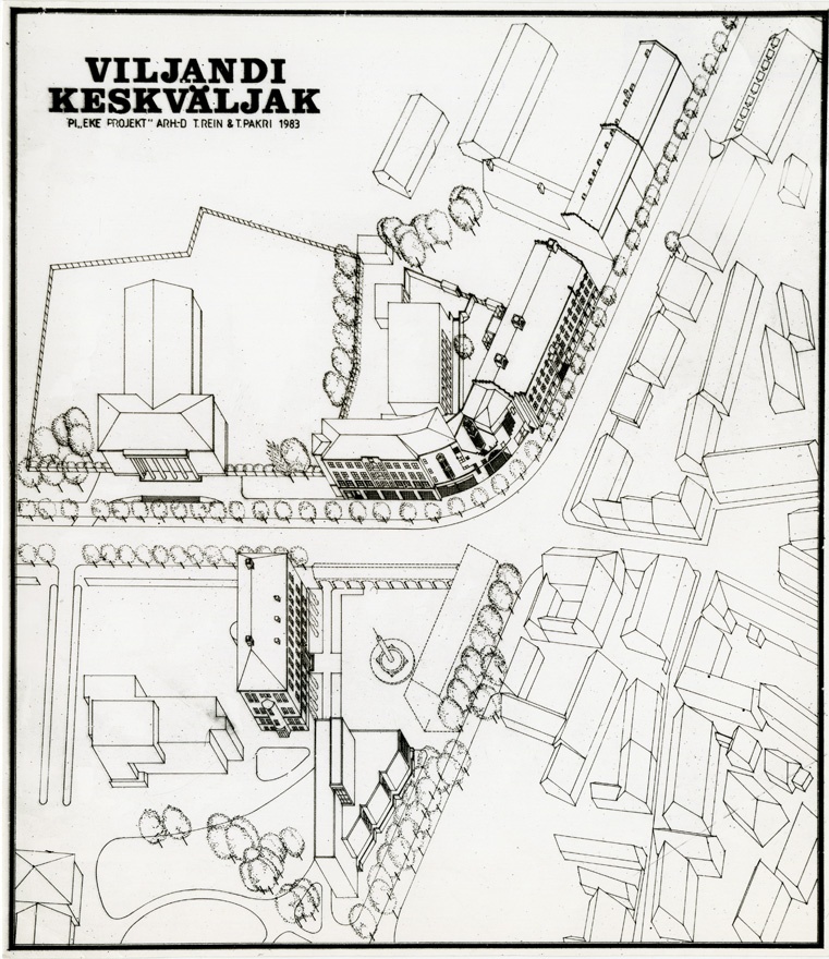 Viljandi keskväljak, projektifoto ja aksonomeetria. Arhitektid Toomas Rein ja Toomas Pakri