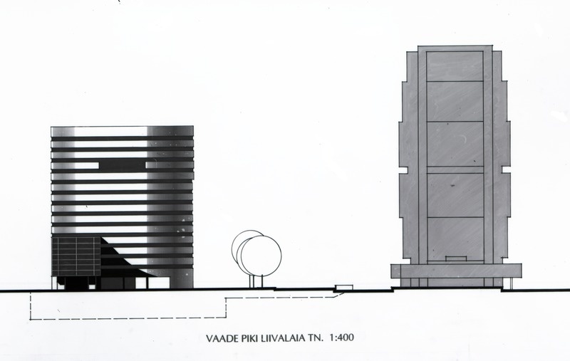 Hansapanga büroo- ja pangahoone võistlustöö; vaade piki Liivalaia tänavat. 1:400, projektifoto. Arhitektid Ülo Peil ja Emil Urbel