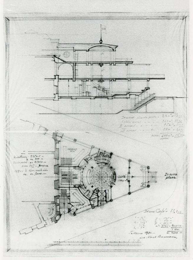 Kohviku projektifoto, põhiplaan ja lõige. Arhitekt Karl Burman