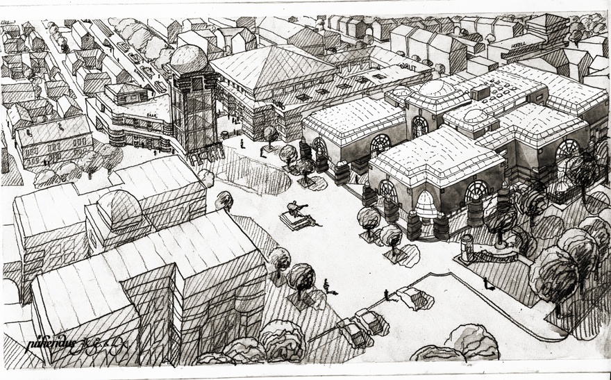 Pärnu uue kaubamaja eskiisprojekt, kaubamaja kvartali perspektiivvaade. Arhitekt Enn Laansoo