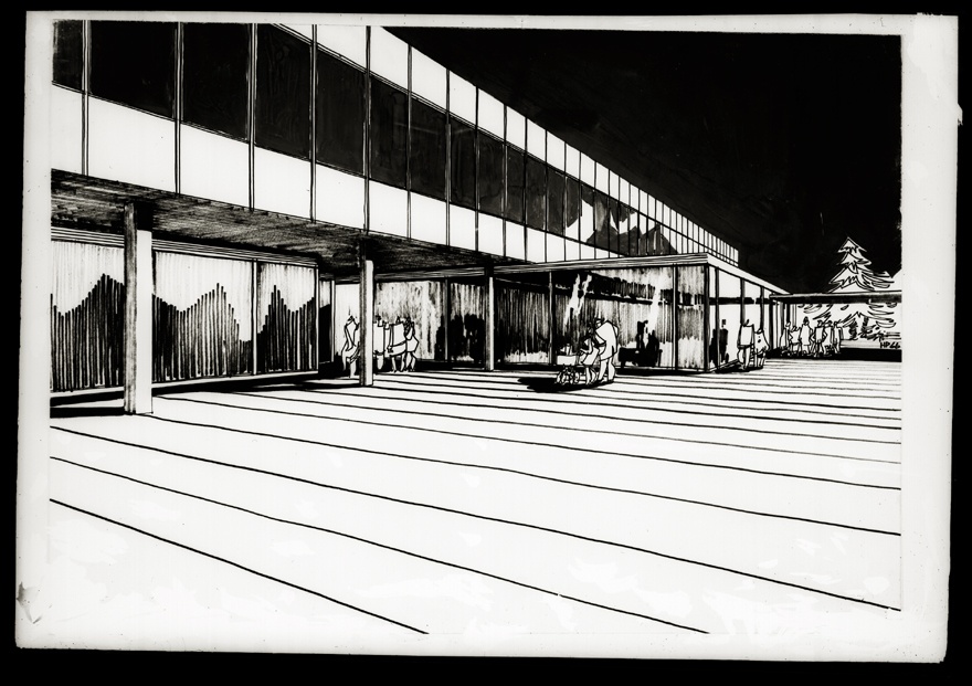 Haapsalu kaubanduskeskus-võõrastemaja, perspektiivvaade, planšetifoto. Arhitekt Koidu Lassmann