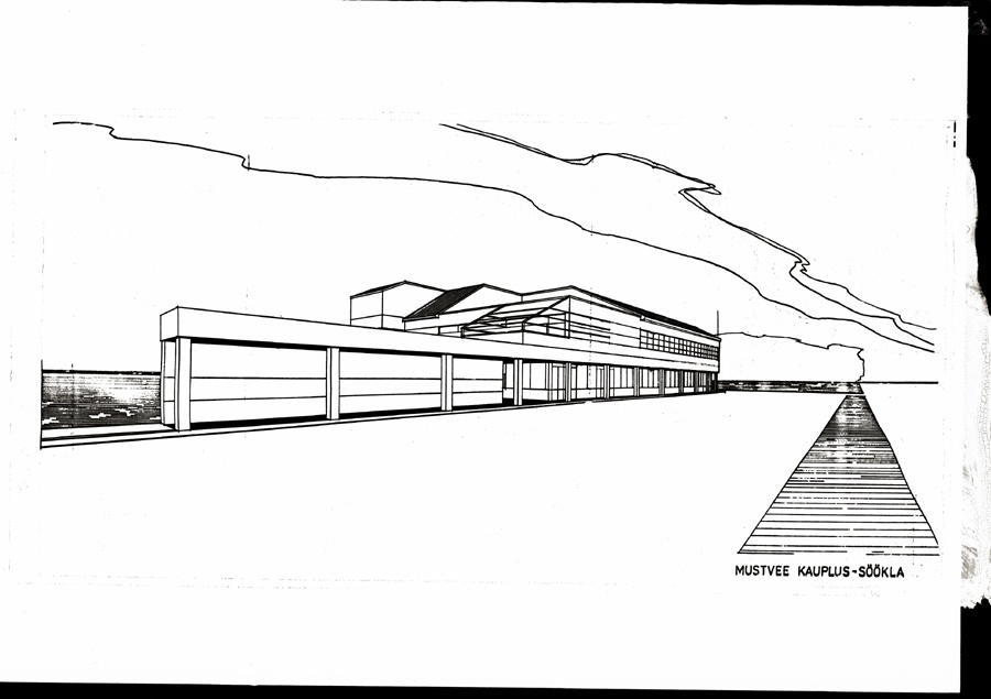 Kauplus-söökla Mustvees, perspektiivvaade. Arhitekt Jaan Ollik