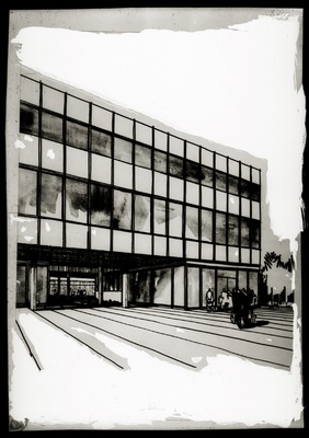 Haapsalu kaubanduskeskus-võõrastemaja, fassaadivaated, planšetifoto. Arhitekt Koidu Lassmann  duplicate photo