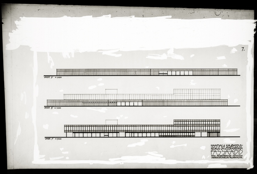 Haapsalu kaubanduskeskus-võõrastemaja, fassaadivaated, planšetifoto. Arhitekt Koidu Lassmann