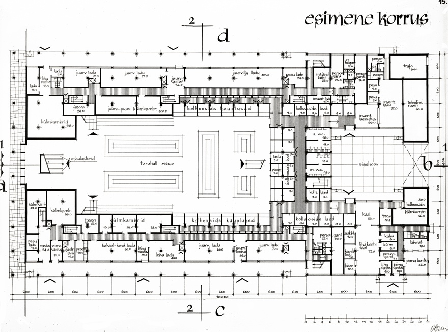 Keskturu paviljon (eskiisprojekt), Variant 2: 1. korruse plaan. Arhitekt Olga Bruns