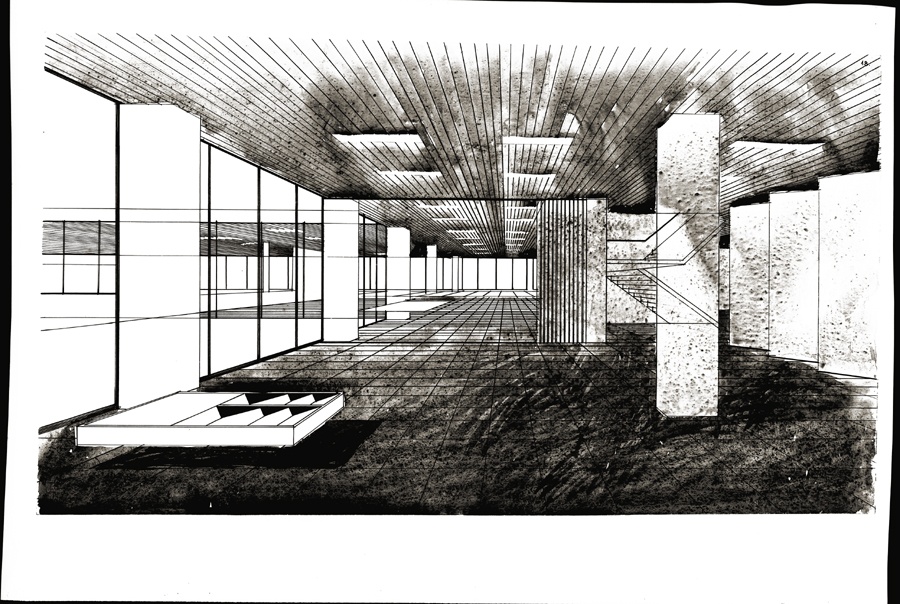 ETKVL õppe- ja tootmiskompleks (valminud osaliselt), interjööri perspektiivvaade. Arhitekt Koidu Lassmann