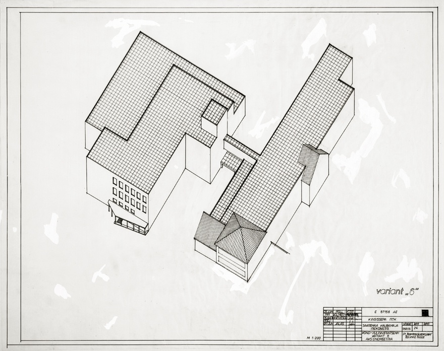 Saaremaa kaubamaja juurdeehitus (variant 6), aksonomeetria. Arhitektid Ilmar Jalas, Eva Hirvesoo