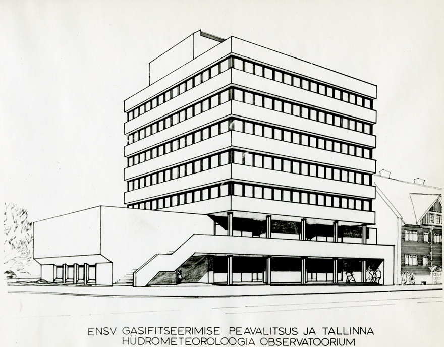 ENSV Gasifitseerimise Peavalitsus ja Tallinna hüdrometeoroloogia observatoorium Liivalaia tänaval, perspektiivjoonis. Arhitekt Miia Masso