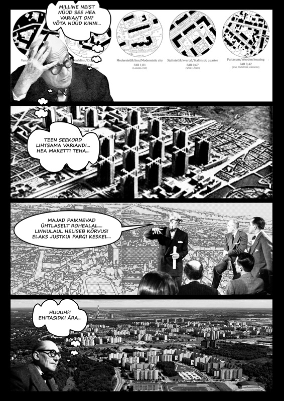 Mölisev triptühhon. Yes is More stiilis koomiks. Osa 2: Le Corbusier. Mõeldud EKA arhitektuuriosakonna seinale. Autor Alvin Järving