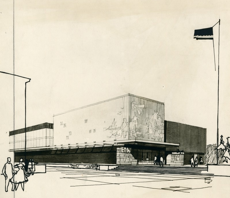 NSVL rahvamajanduse saavutuste näituse ENSV paviljon. Eelprojekt, 1960 (plaanide ja perspektiivvaate reprod). Arhitektid Uno Tölpus ja Henno Sepmann