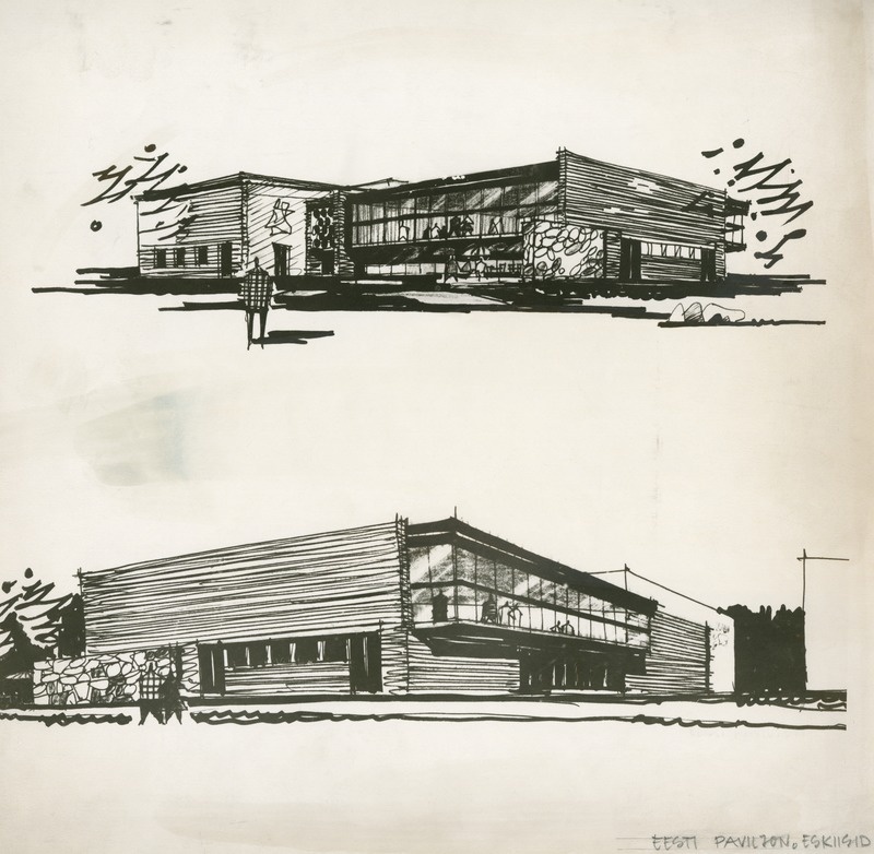 NSVL rahvamajanduse saavutuste näituse ENSV paviljon. Eskiisid, 1960 (perspektiivvaadete repro). Arhitekt Henno Sepmann (ja Uno Tölpus?)