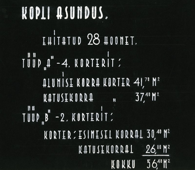 Kopli asundus. Albumi vaheleht. Info Kopli Kinnisvarade Sirbi tn korteritüüpide kohta. Arhitektid Roman Koolmar ja Karl Tarvas