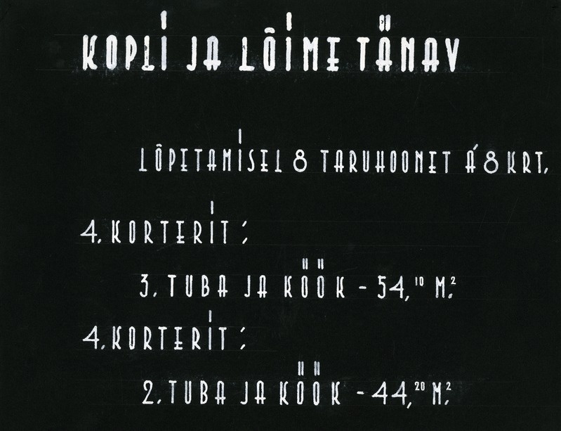 Pel-Ra-Ko rahvakorterid Kopli ja Lõime tänaval Pelgulinnas. Albumi vaheleht korterite infoga. Arhitekt Alar Kotli, 1940