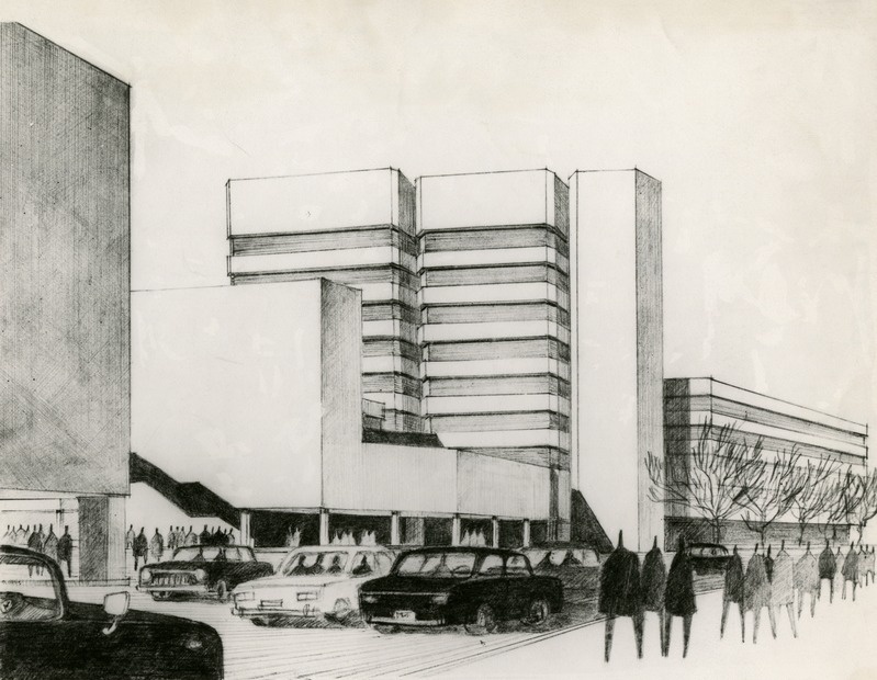 Ametiühingute Maja perspektiivvaade (fotorepro). Arhitekt Henno Sepmann, u 1975