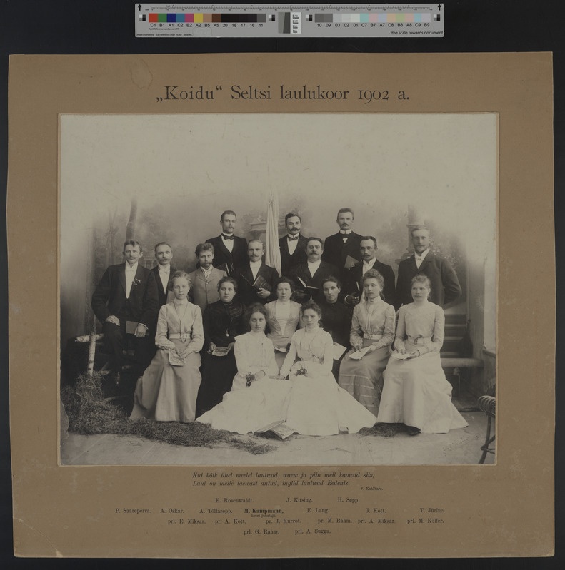 foto papil Viljandi seltsi Koit segakoor, juht M. Kampmann 1902 foto A. Livenström, nimed sh A. Tõllasepp
