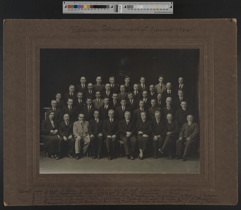 foto pappalusel, grupp, Viljandi Tööoskusamet, ettevõtjad, 3.06.1936, allservas nimed sh J. Riet, A. Kukk, A. Mikk, H. Gross, H. Muni jt